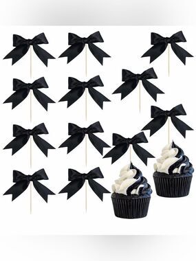 Black Bow Cupcake Toppers - Elegant Party Picks